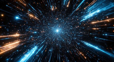 Fototapeta premium Radiant cosmic burst with blue and orange light streaks and shimmering particles racing outward from a bright central glow, conveying exhilarating speed and awe