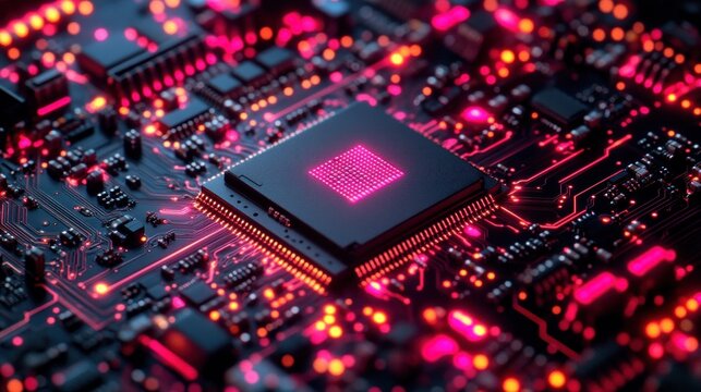 Close-up computer chip, glowing circuits
