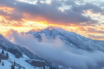 Snowy mountain peak glowing at sunrise above misty clouds, evergreen forests and alpine lodges, dramatic warm sky and peaceful winter atmosphere