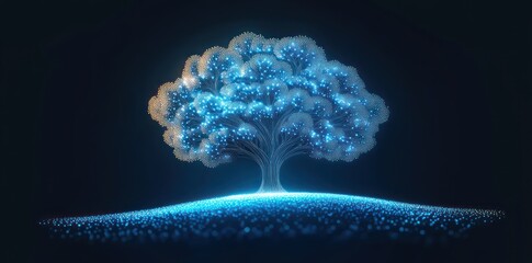 glowing blue digital tree on a luminous dotted hill against a dark background, intricate filament branches and shimmering particle canopy conveying serene futuristic wonder