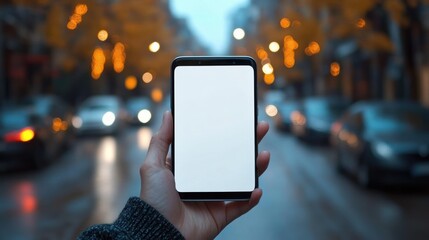 Hand holding smartphone with blank white screen on wet city street at dusk, warm bokeh lights and blurred cars creating a reflective, contemplative mood