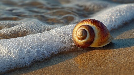 A close-up of a beautiful seashell resting on sandy beach sand, with gentle waves and foam in the background.