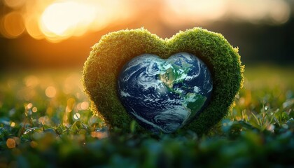 heart-shaped moss frame cradling a heart-shaped globe on dewy grass at sunset with warm golden light and bokeh, conveying love, care and hope for the planet