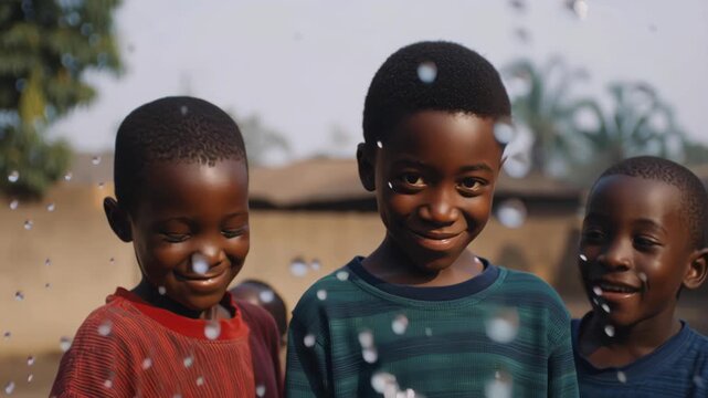 Smile child water splash joy friendship happiness outdoor village boy. joyful scene with happy children smiling boys rural village, friendship and brotherhood shine natural light, warm colors