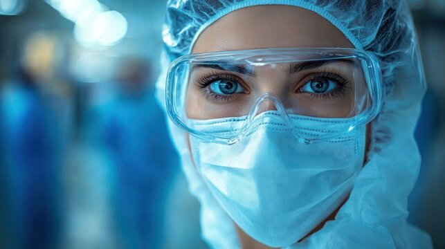 healthcare workers in blue scrubs and protective gear in a clinical corridor, close-up of a worker wearing protective goggles and surgical cap, focused and professional atmosphere - Powered by Adobe