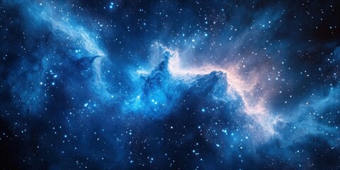 Vast deep blue nebula with luminous gas clouds, countless stars and drifting cosmic dust, evoking awe, wonder and tranquil cosmic serenity