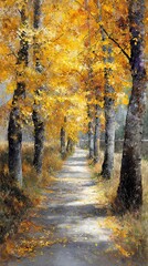 Obraz premium A picturesque autumn path lined with vibrant yellow trees, creating a serene and inviting atmosphere for a leisurely stroll.