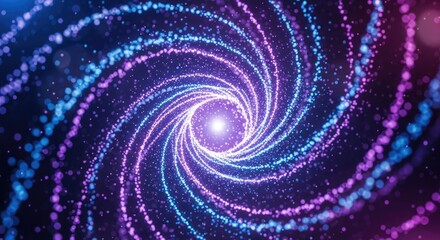 A vibrant, swirling galaxy with a central point of light, surrounded by a cosmic web of glowing particles and stars.