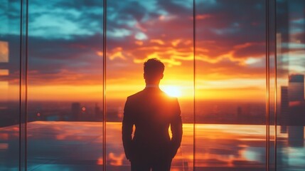 silhouetted businessman in suit gazes through floor-to-ceiling glass at glowing sunset over urban skyline, reflective floor and dramatic sky conveying contemplative hope and ambition