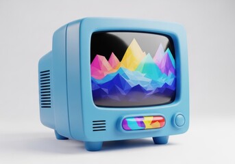 Retro blue television displaying colorful abstract mountains isolated on white background