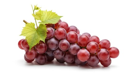 A cluster of red grapes with green leaves on a white background.