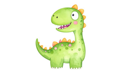 Fototapeta premium Cute green cartoon dinosaur with orange spikes and happy expression.