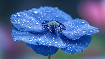 Close-up of a vibrant blue flower covered in dew drops