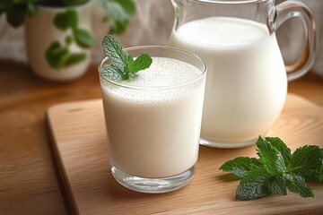 glass of creamy milk with foam and a fresh mint sprig on a wooden board beside a milk pitcher and loose mint leaves bathed in soft natural light, calm inviting wholesome mood