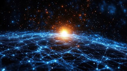 Glowing blue network of interconnected nodes across a curved planet surface beneath a bright rising orange sun and starfield, futuristic and awe-inspiring