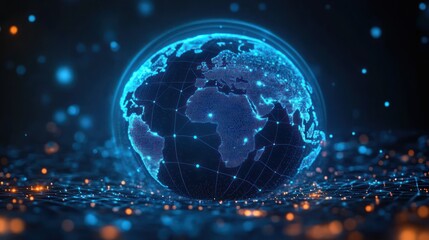 glowing blue holographic earth showing africa and europe with interconnected network nodes and orange data lights over a futuristic digital grid, dynamic and connected