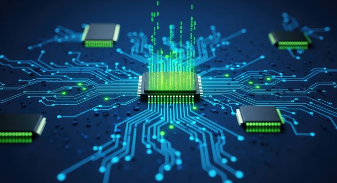A computer chip with binary code and circuitry on a blue background.