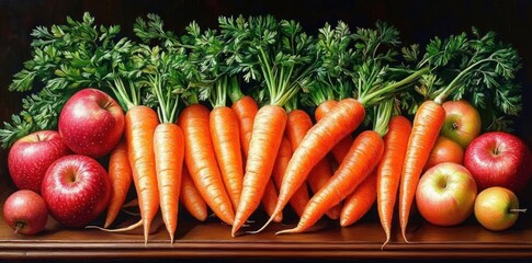 bundle of fresh orange carrots with leafy green tops arranged on a wooden surface flanked by red and yellow apples, evoking rustic abundance and healthy freshness
