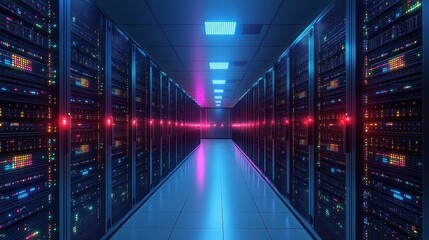 Futuristic data center aisle lined with illuminated server racks and colorful blue and pink LED lights reflecting on glossy floor, conveying precision and high-tech calm