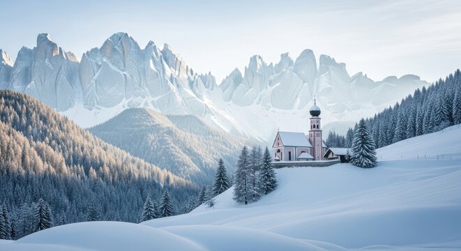 St johann in ranui church nestled in a snowy winter landscape with majestic, jagged dolomites mountain range peaks in the background under bright daylight in val di funes, south tyrol, italy