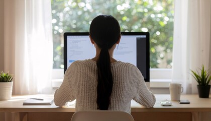 woman working from home with a computer, a comfortable work environment, back view