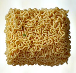 close-up of a glossy square block of cooked instant noodles on white background evoking cozy comfort