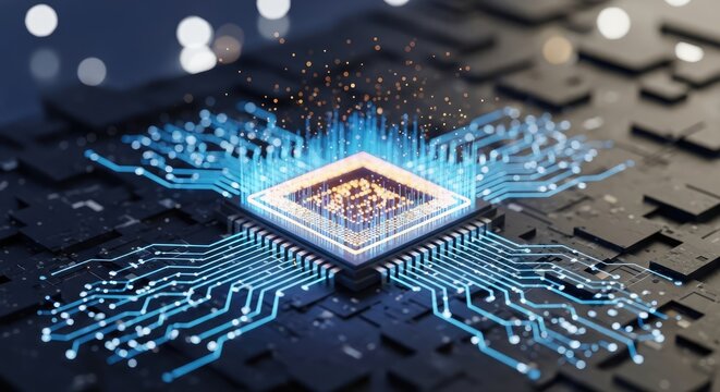 A futuristic circuit board with glowing blue and orange lights, representing advanced technology and digital innovation.