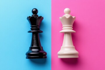 black and white chess pieces standing side by side on a split blue and pink background conveying playful rivalry and bold contrast