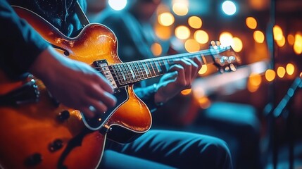 Close-up of hands playing a sunburst hollow-body electric guitar on a musician's lap with warm bokeh stage lights creating a soulful intimate live performance mood