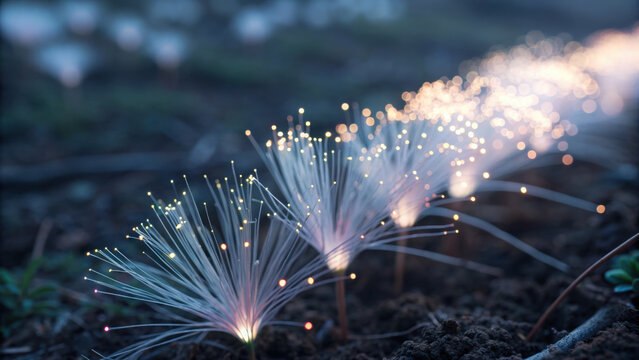 Computational creativity concept. Bioluminescent petals glowing softly in serene landscape, creating magical atmosphere