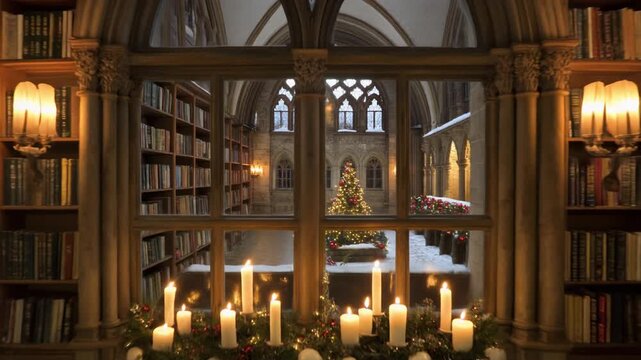Festive Winter Courtyard with Christmas Tree and Candles