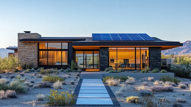 modern single-story desert home with solar panels on flat roof, floor-to-ceiling glass windows, stone chimney and stepping-stone path through xeriscaped yard, warm inviting glow at dusk