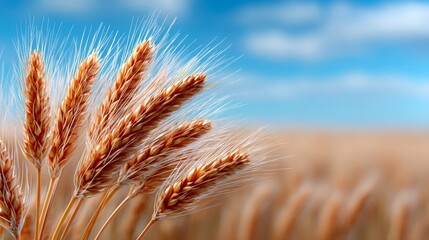 A close-up view of several golden wheat stalks with feathery awns, set against a softly blurred background of a wheat field under a bright blue sky with scatter