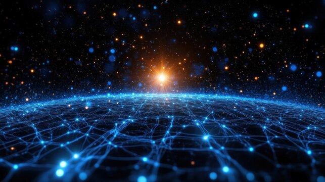 glowing blue network grid curving like a planet horizon beneath a rising orange star and starfield, futuristic connected cosmos evoking awe and wonder