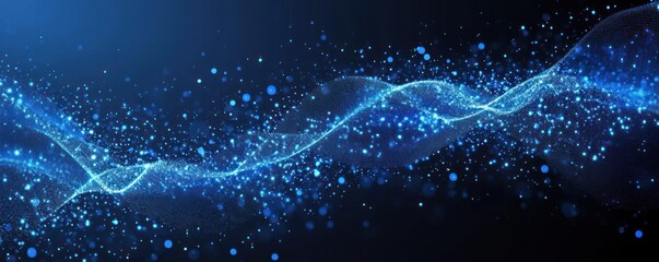 Shimmering blue particle wave flowing across a dark background, glowing dots and mesh-like strands conveying motion, energy and futuristic wonder