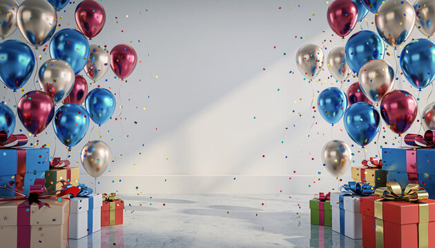 Vibrant, colorful birthday or celebration background with metallic helium balloons