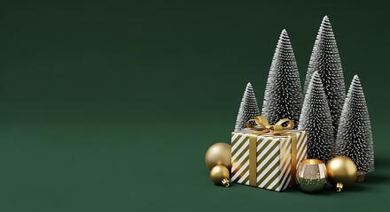 Festive christmas scene with gifts and ornaments on green background