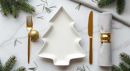 Elegant christmas tree shaped plate setting with gold cutlery