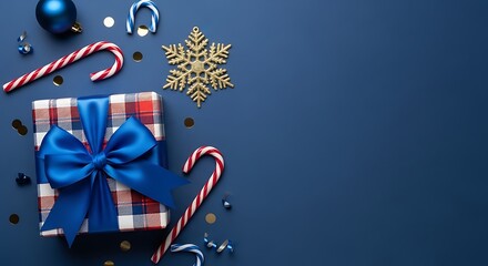 Festive christmas gift box with candy canes and ornaments on dark blue background