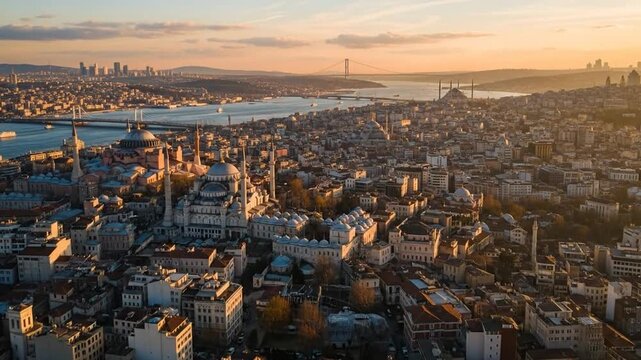 Stunning aerial views of historic city at golden hour, dense urban architecture