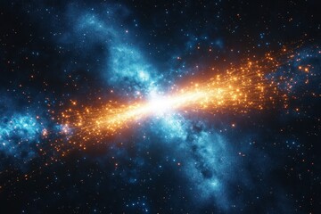 Radiant white core launching golden particle jets across a blue nebula and starfield, a dramatic cosmic burst evoking awe and wonder