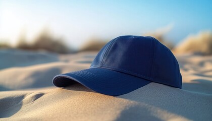 navy blue cap resting on rippled sand dunes with blurred grasses in warm evening light, peaceful solitary mood