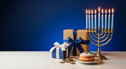 Hanukkah celebration with menorah gifts and sufganiyah on blue background