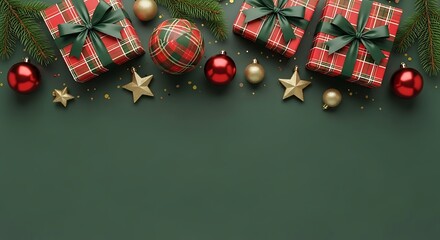 Festive christmas gifts and ornaments on dark green background