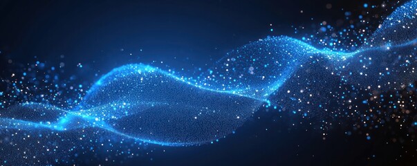 glowing blue particle wave flowing across a dark background with scattered sparkles, serene futuristic motion