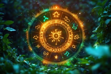 Glowing golden astrological wheel with zodiac symbols hovering in a leafy forest clearing, neon green accents and sparkling particles, evoking a mystical enchanted mood