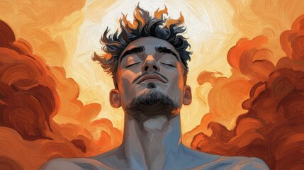 A close-up, painterly portrait of an adult man with his eyes closed, head tilted back, and a serene expression. He is surrounded by abstract, swirling shapes of