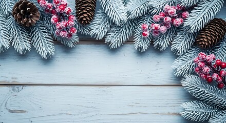 Frosted evergreen branches with pinecones and berries on wood
