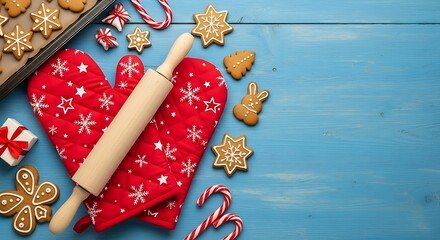 Christmas baking scene with gingerbread cookies and mittens