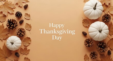 Happy thanksgiving day with white pumpkins and autumn leaves